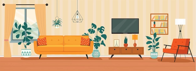 Интерьер гостиной с диваном у окна стул вектор плоский стиль иллюстрации