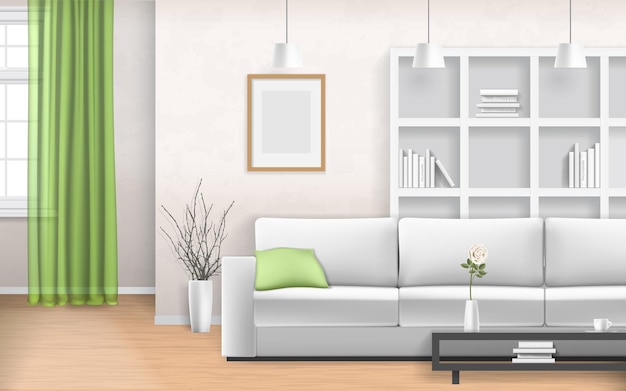 Vector living room interior with sofa window bookshelves and picture frame realistic vector illustration in 3d style