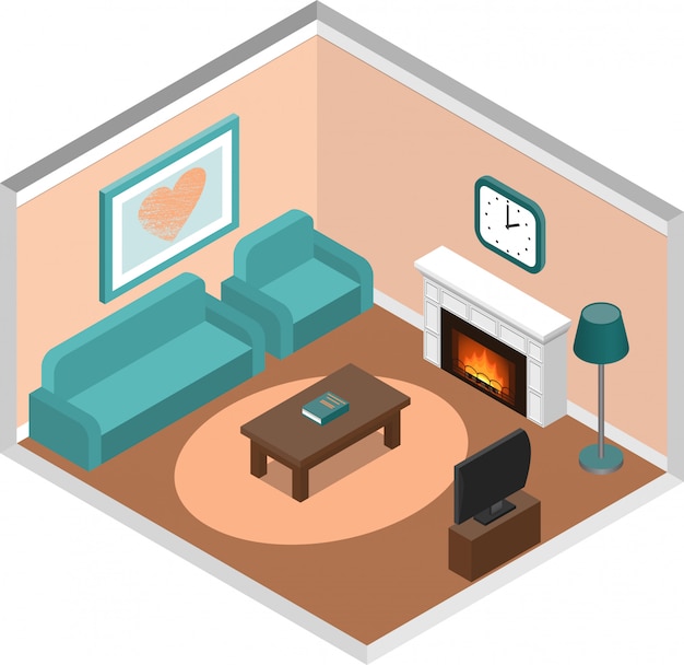 Living room isometric interior with fireplace and couch.