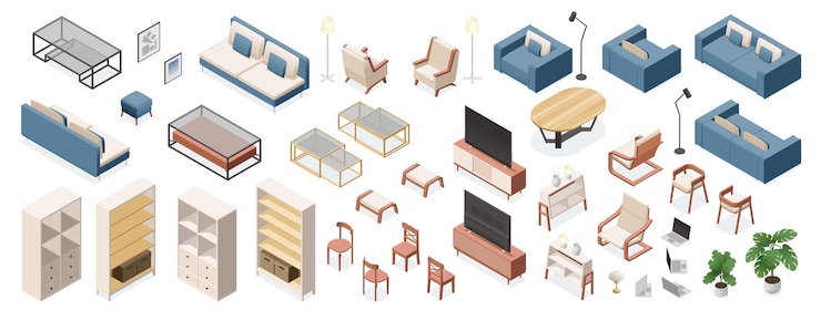 Vector living room isometric kit interior with modern furniture apartment with sofa armchair coffee table home decor cartoon style vector set