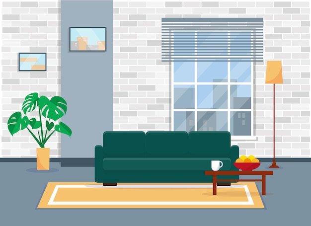 Living room in modern style Apartments with window and furniture Flat vector interior design