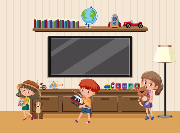 Vector living room scene with children cartoon character