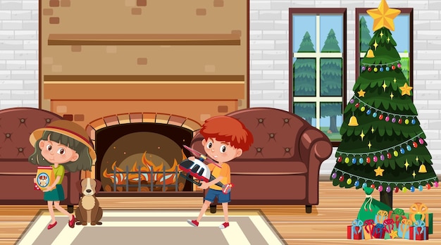 Living room scene with children cartoon character