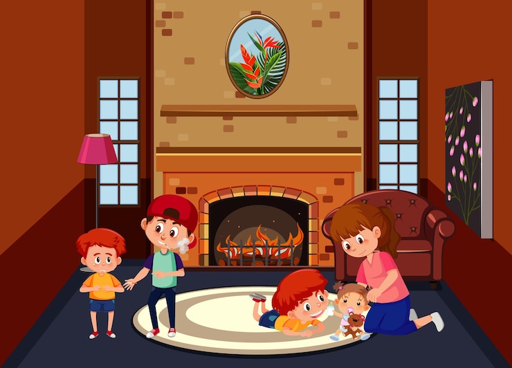 Vector living room scene with family members