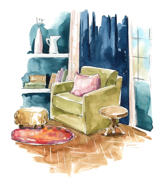 Vector living room watercolor interior sketch a cozy corner with armchair by the window