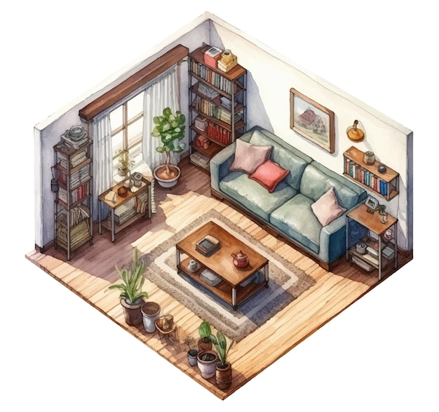 living room in watercolor style illustration