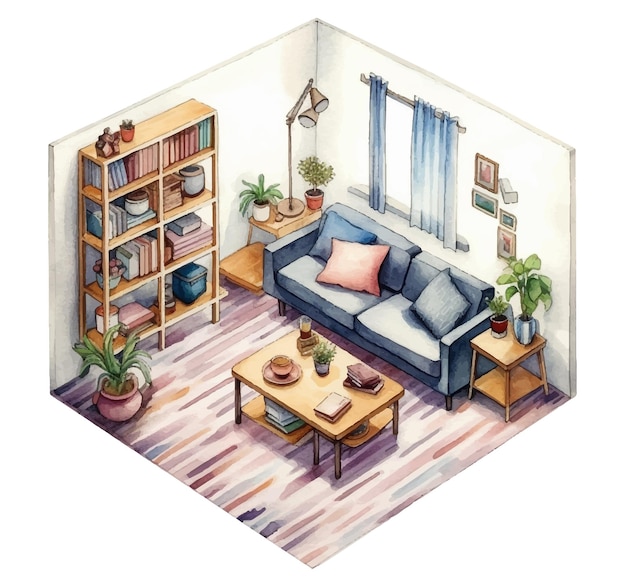 Living room in watercolor style illustration