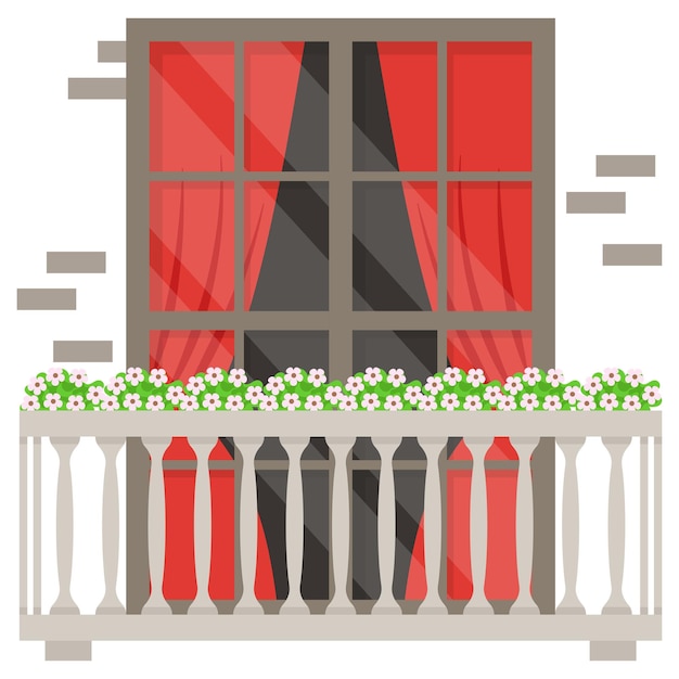 Living Room Window with Red Curtains, vintage and classic balconies facade stock illustration