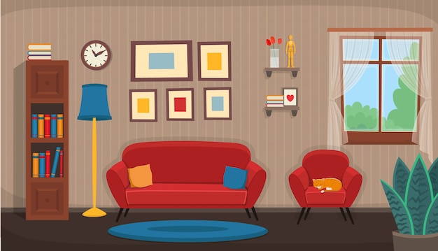 Living room with chair, sofa, window, bookshelf. flat сozy interior in cartoon style.