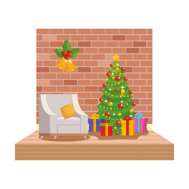 Vector living room with christmas decoration scene