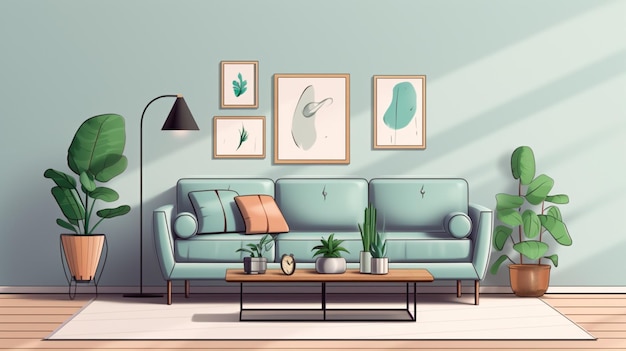 Vector a living room with a couch and pictures on the wall