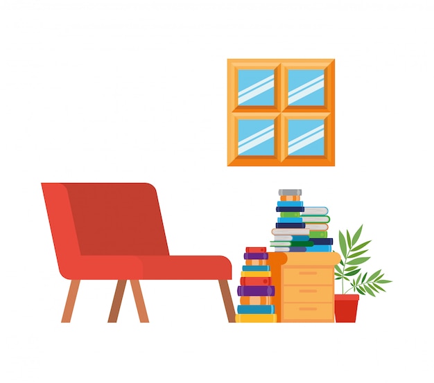 Vector living room with couch and stack of books