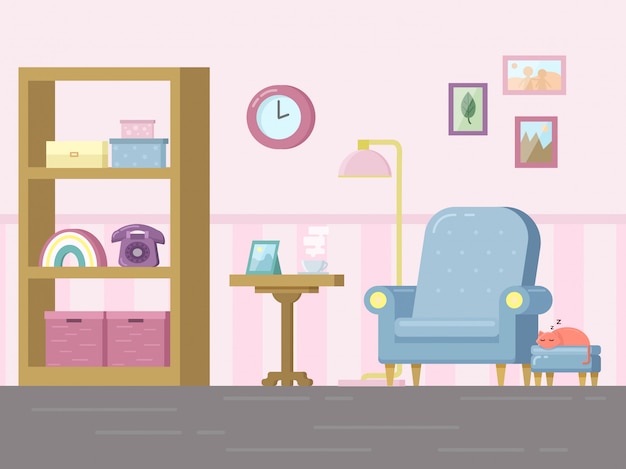 Vector living room with furniture and sleeping cat