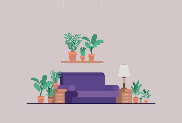 Vector living room with houseplants and lamp