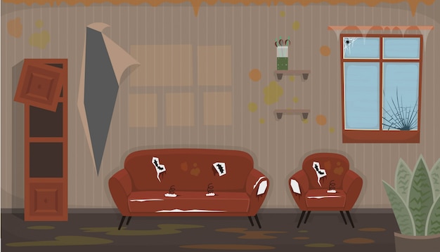 Living room with old dirty chair, sofa, broken  window, broken  bookshelf. flat dirty interior in cartoon style.