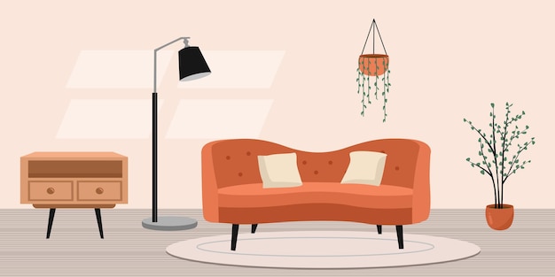 a living room with a red couch and lamp