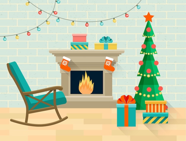 Living room with rocking chair, christmas tree, fireplace. vector flat illustration