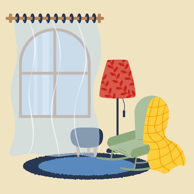 Living room with rocking chair warm blanket and tulle window Flat vector illustration