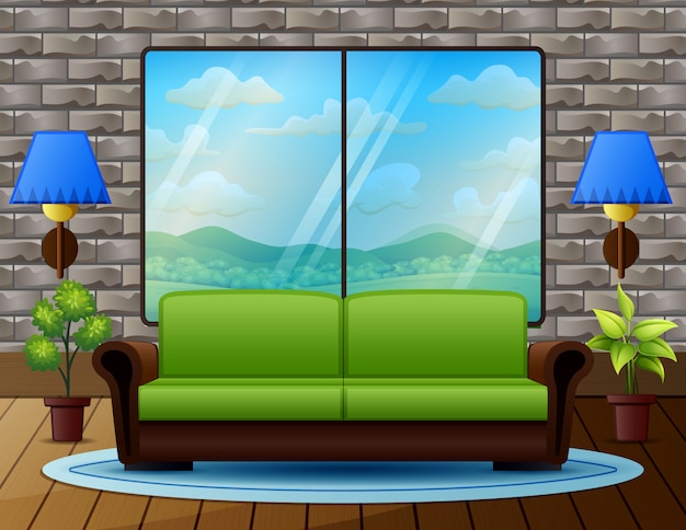Vector living room with sofa and nature view from the window
