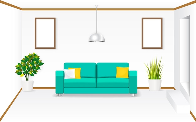 Vector living room with sofa pillows picture frame lamp grass and tree pot interior design vector illustration