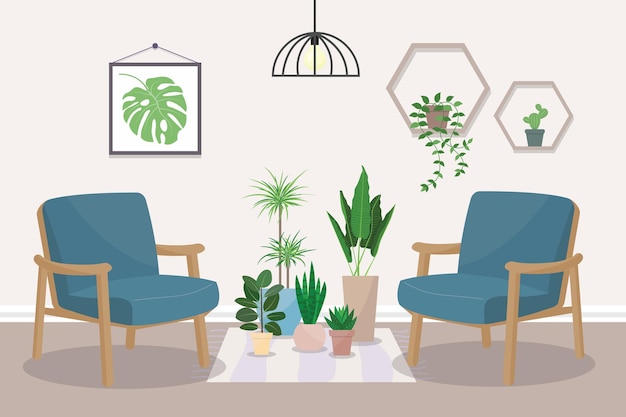 A living room with two armchairs and house plants a rug on the floor shelves and a poster