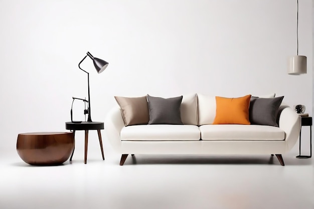 a living room with a white couch and a lamp on the table