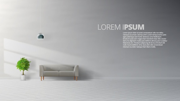 livingroom interior clean wall with grey sofa lamp and plant