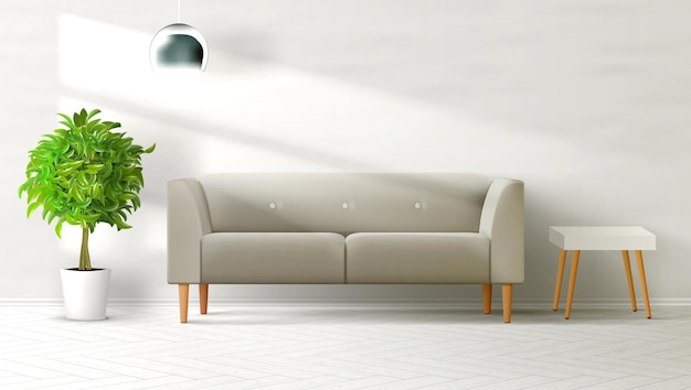 Soggiorno interno pulito parete con lampada divano grigio tavolo e pianta