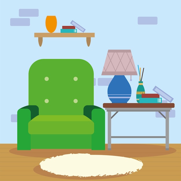 Livingroom with green sofa scene