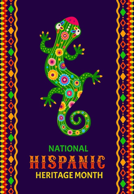 Ящерица в этническом орнаменте, флаер или баннер месяца национального латиноамериканского наследия с очаровательным народным мотивом и мультяшной рептилией, символизирующей культурное богатство испанского сообщества, разнообразие традиций