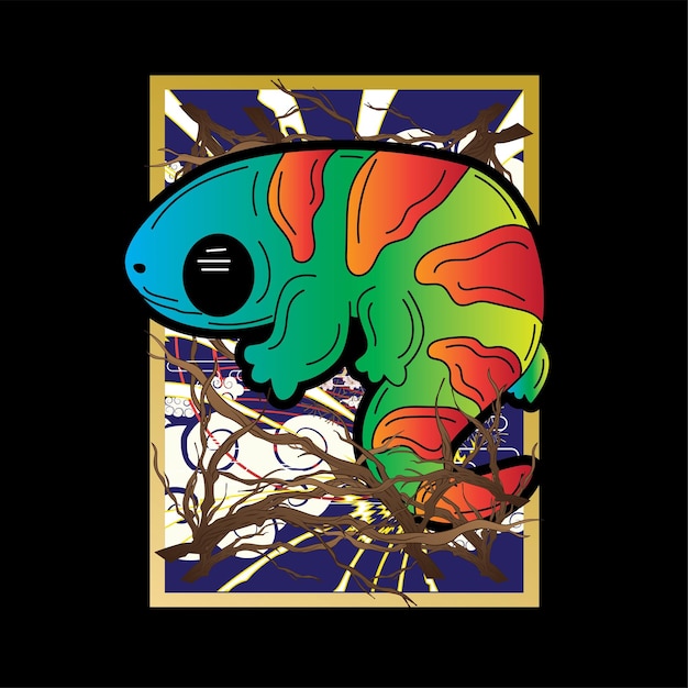 일본식 배경과 로고가 있는 도마뱀 일러스트 디자인