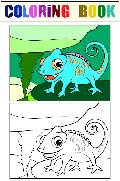 Ящерица - хамелеон синего цвета. Например, набор раскраски и цветной эскиз.