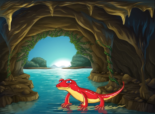 Vector lizard standing on water in the cave