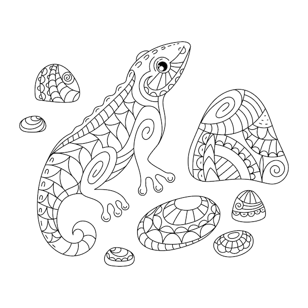 A lizard between the stones in the doodle style Coloring book The contour is editable