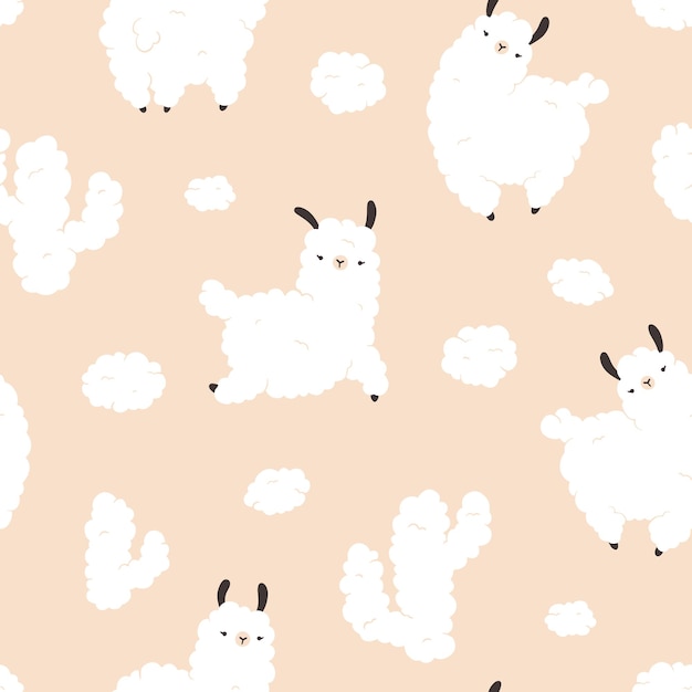 Vector llama clouds cacti seamless pattern. cartoon white character in scandinavian style simple hand drawn childish style on beige background. ideal for nursery, baby clothes, textiles, fabrics.