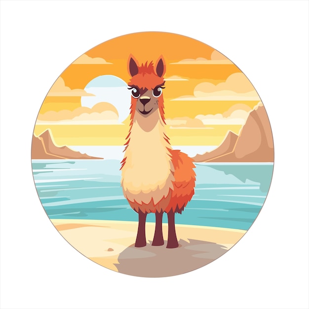 Llama Cute Funny Cartoon Kawaii Watercolor Beach Summer Sunset Animal Pet Sticker Illustration