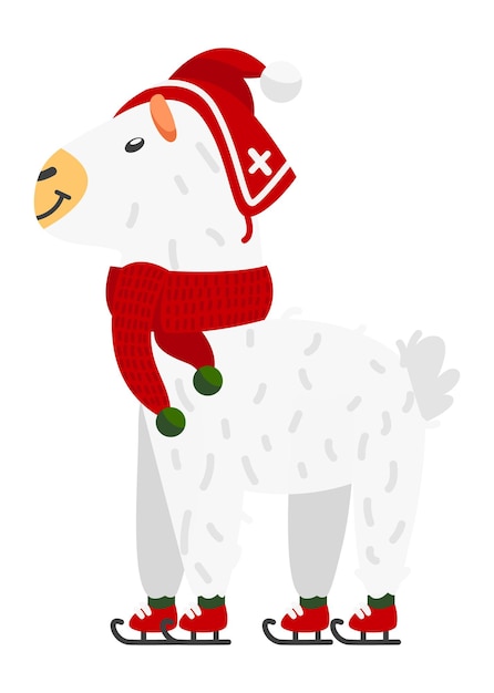 Vector llama ice skating. funny cartoon winter alpaca