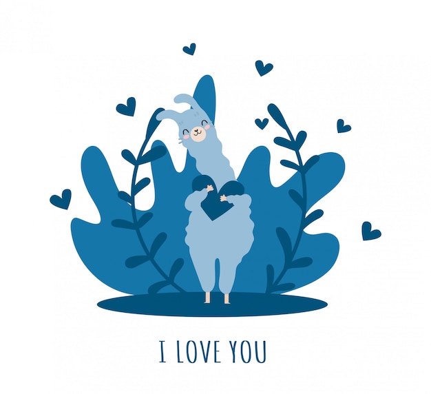 Vector llama in love with heart and many details. cute alpaca.