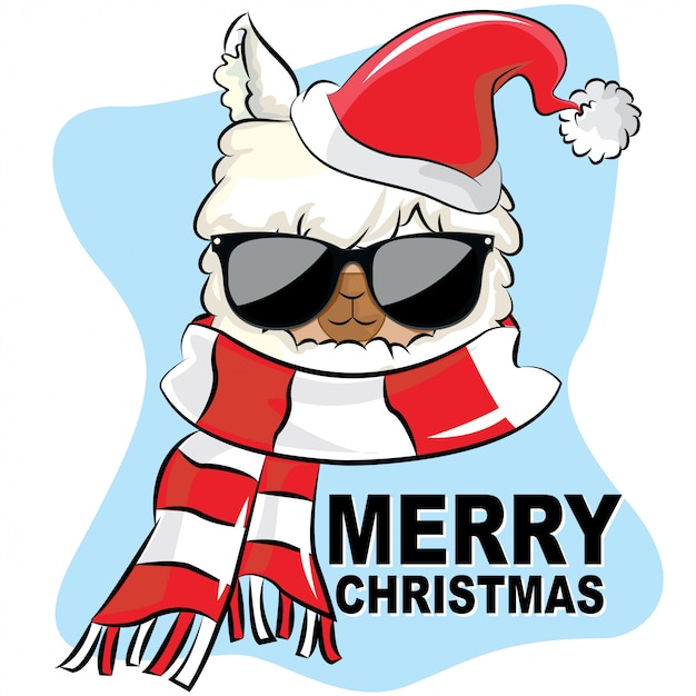Vector llama merry christmas with sunglasses hat and scarf