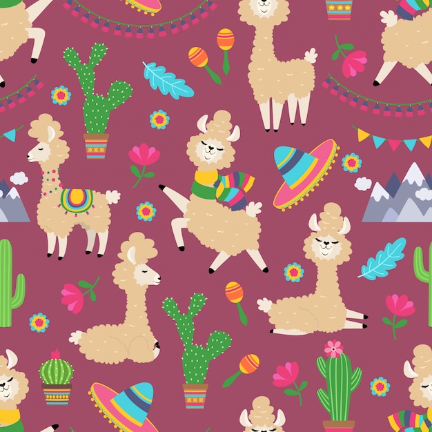 Llama seamless pattern. Alpaca baby and cactus girly textile texture.