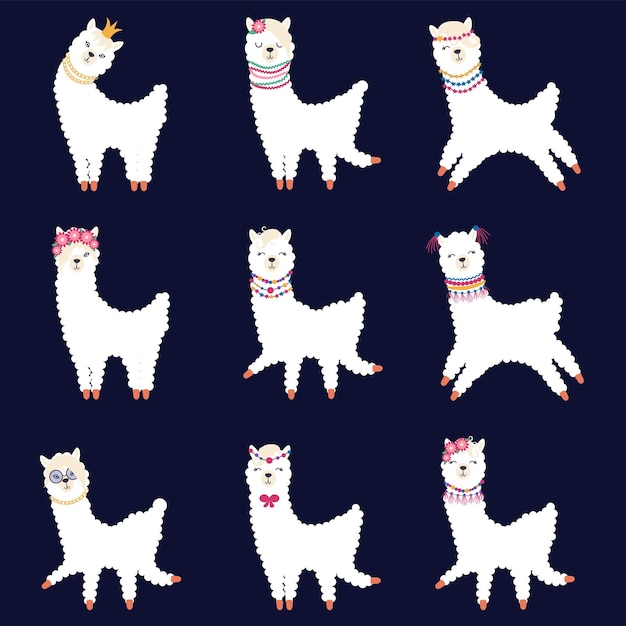 Llama set of cute animals White alpaca with different muzzles