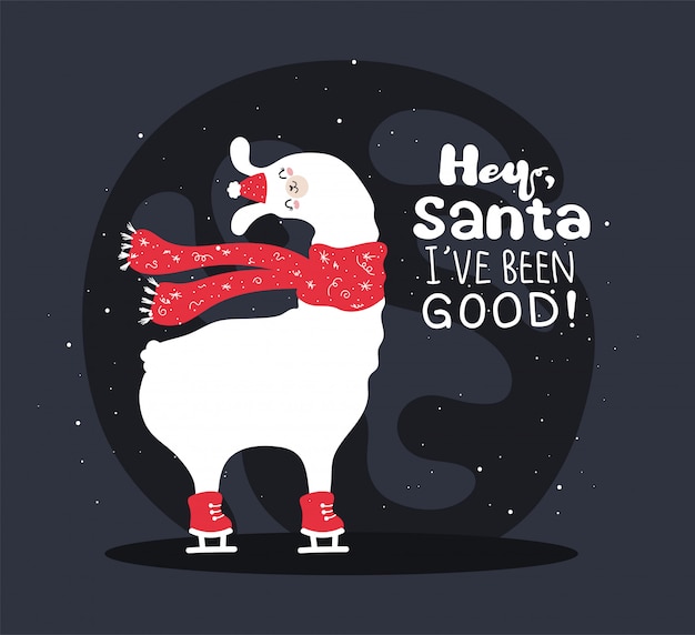 Vector llama with snow and many details. funny alpaca  deer. hey santa, i've been good.