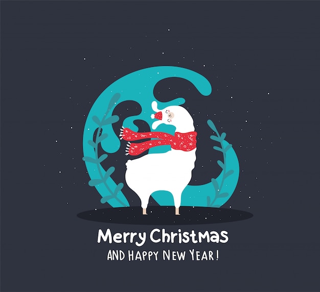 Vector llama with snow and many details. funny alpaca. have a holy joly merry christmas and wonderful happy new year.