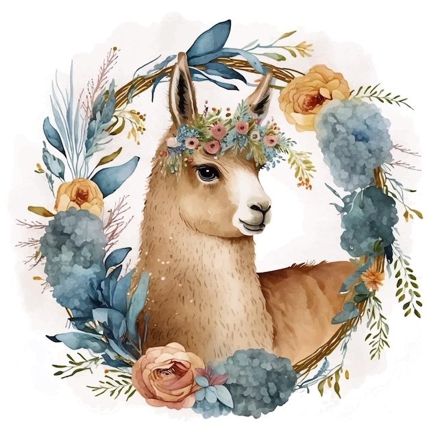 A llama with a wreath of flowers and a flower wreath.