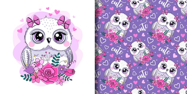 Vector llittle cute owl and flowers. seamless pattern. greeting birthday card or children's clothing