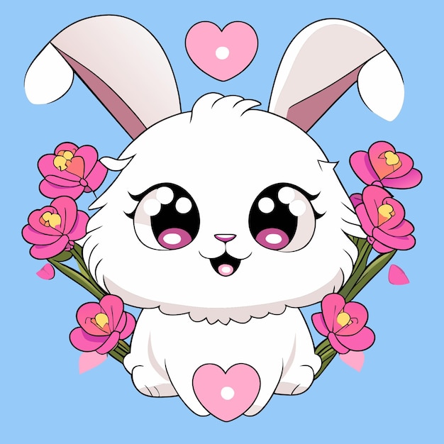 Llustrate a charming fluffy bunny surrounded