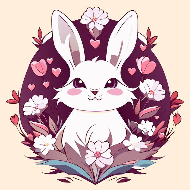 Llustrate a charming fluffy bunny surrounded