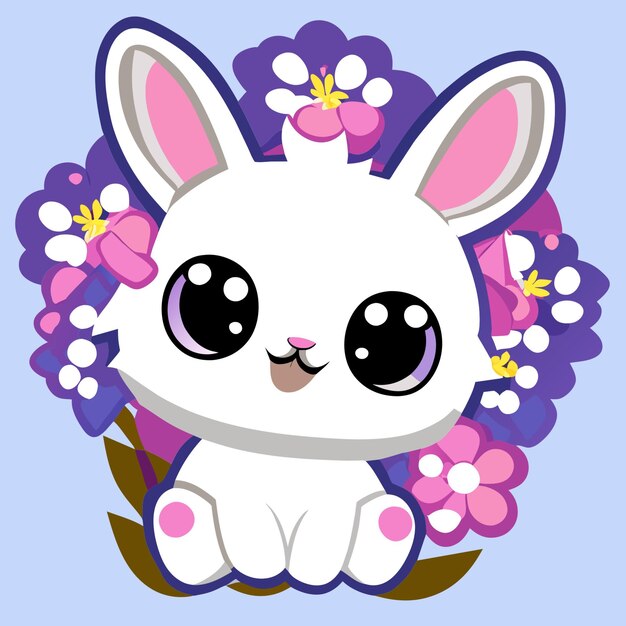 Llustrate a charming fluffy bunny surrounded