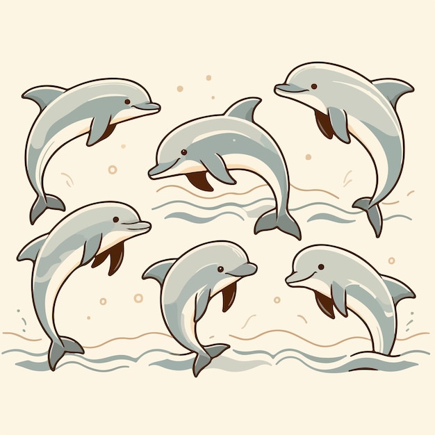 Vector llustration set of dolphins in a simple flat cartoon style