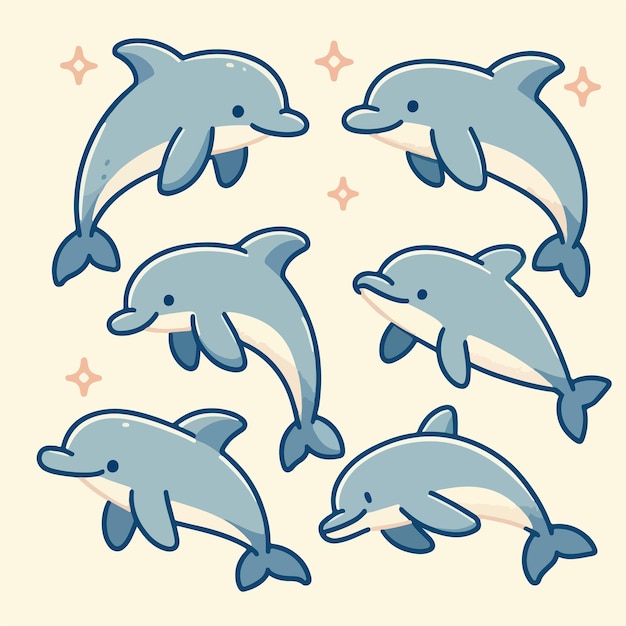 Llustration set of dolphins in a simple flat cartoon style